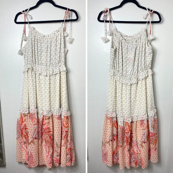 NWT MISA DRESS MIDI FLORAL TIERED RUFFLE COTTAGECORE BOHO CHIC CORAL PEACH BEIGE - Picture 2 of 15